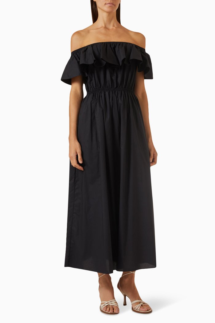 

Off-shoulder Ruffled Midi Dress in Organic-cotton, Black