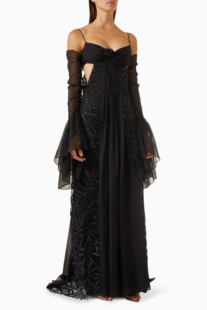 

Dream Girl Cut-out Gown in Glittered-tulle & Mousseline, Black