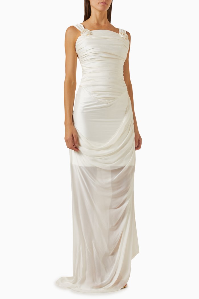 

Delilah Draped Maxi Dress in Taffeta & Mousseline, Neutral
