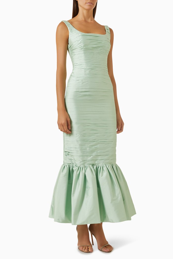 

Daffodil Pleated Maxi Dress in Taffeta, Green