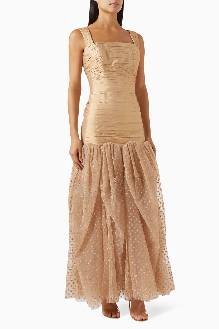 

Midi Draped Dress in Dotted Tulle and Taffeta, Neutral