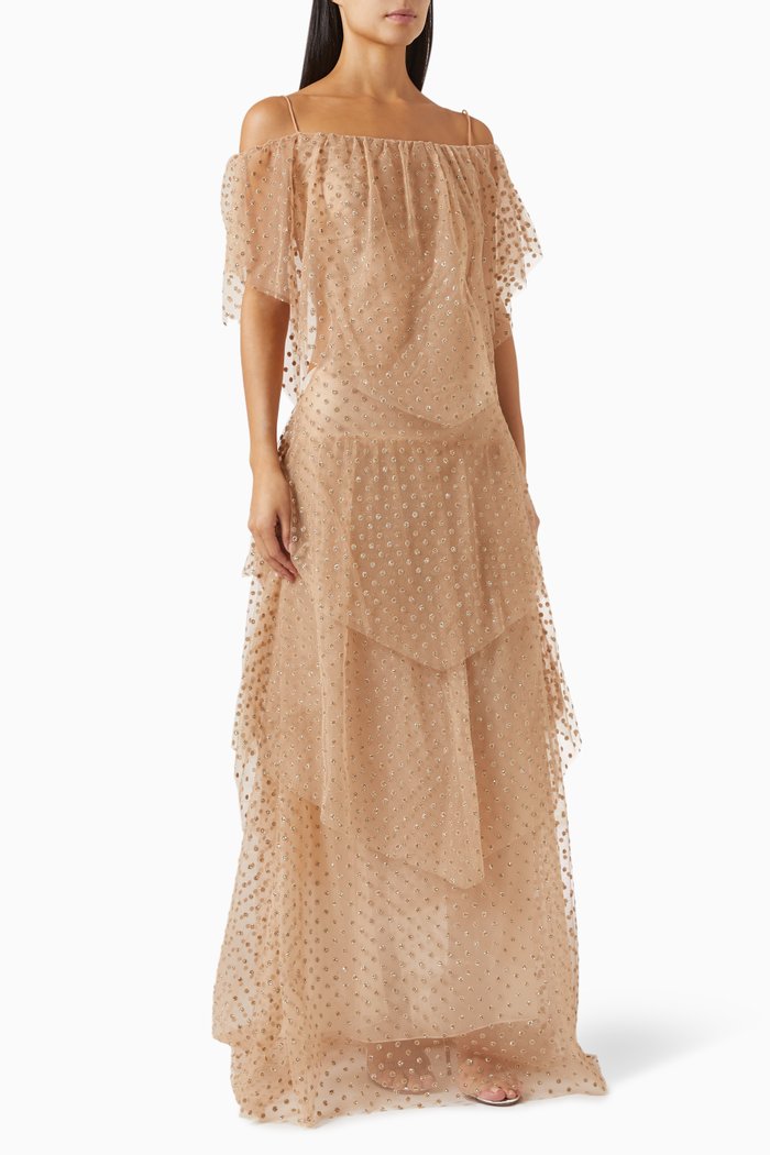 

Free Off-the-shoulder Maxi Dress in Dotted Tulle, Neutral