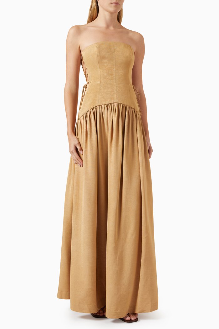 

Vento Lace Up Maxi Dress in Textured Ottoman, Brown