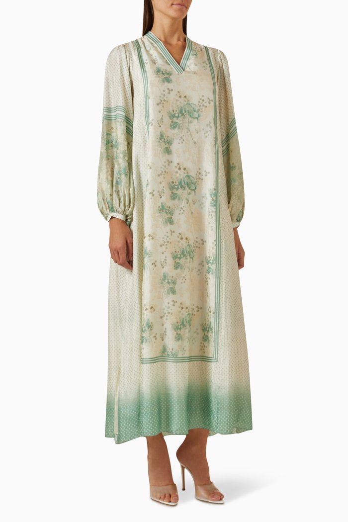 Embroidered Kaftan in Silk, Green