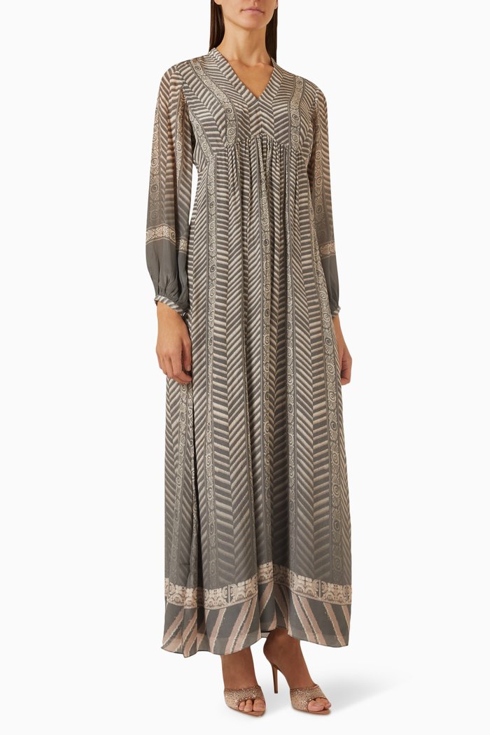 Johanna Striped Midi Dress in Crepe, Grey