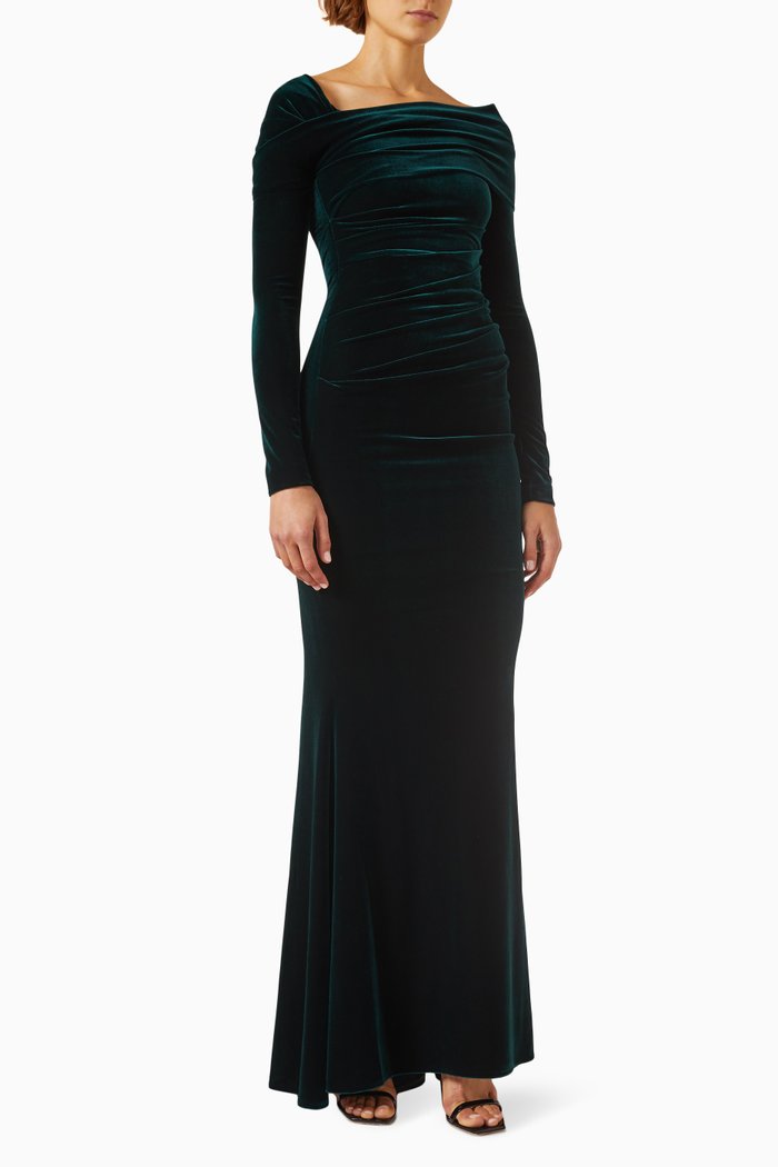 Draped Maxi Dress in Stretch Velvet, Green