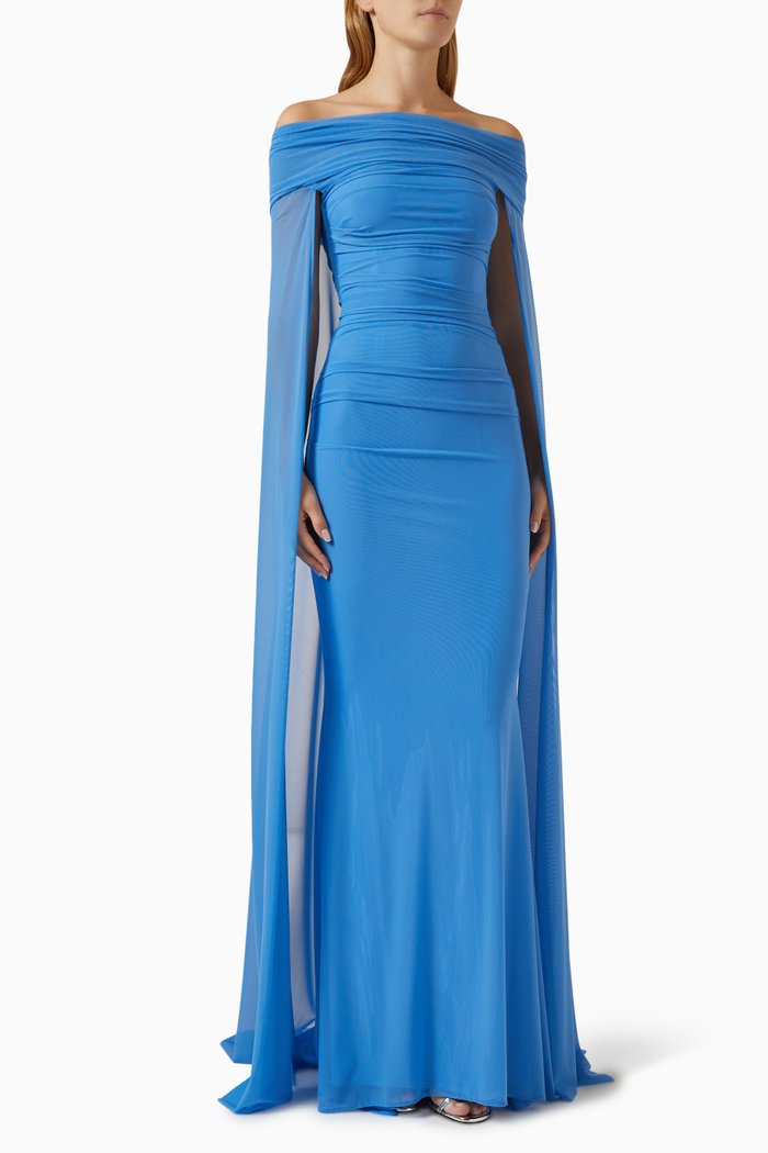 

Off-the-shoulders Draped Maxi Dress in Stretch Tulle, Blue