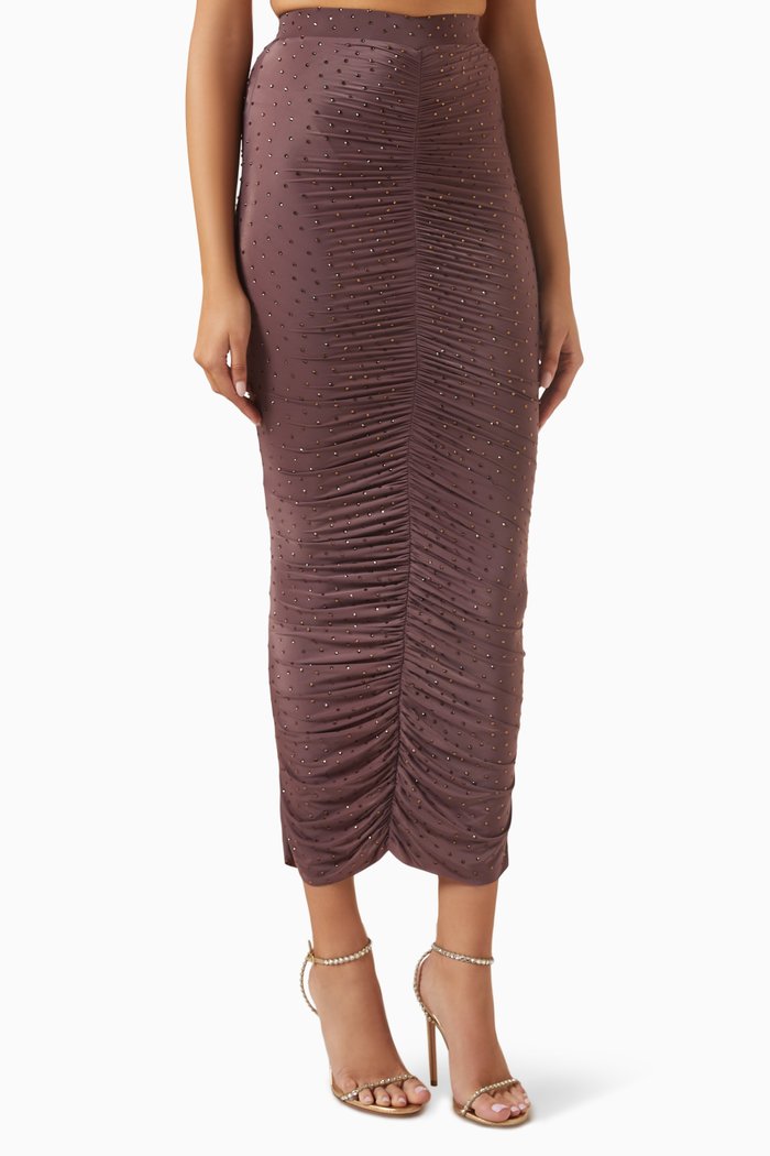 

Ruched Midi Skirt in Crystal Jersey, Brown