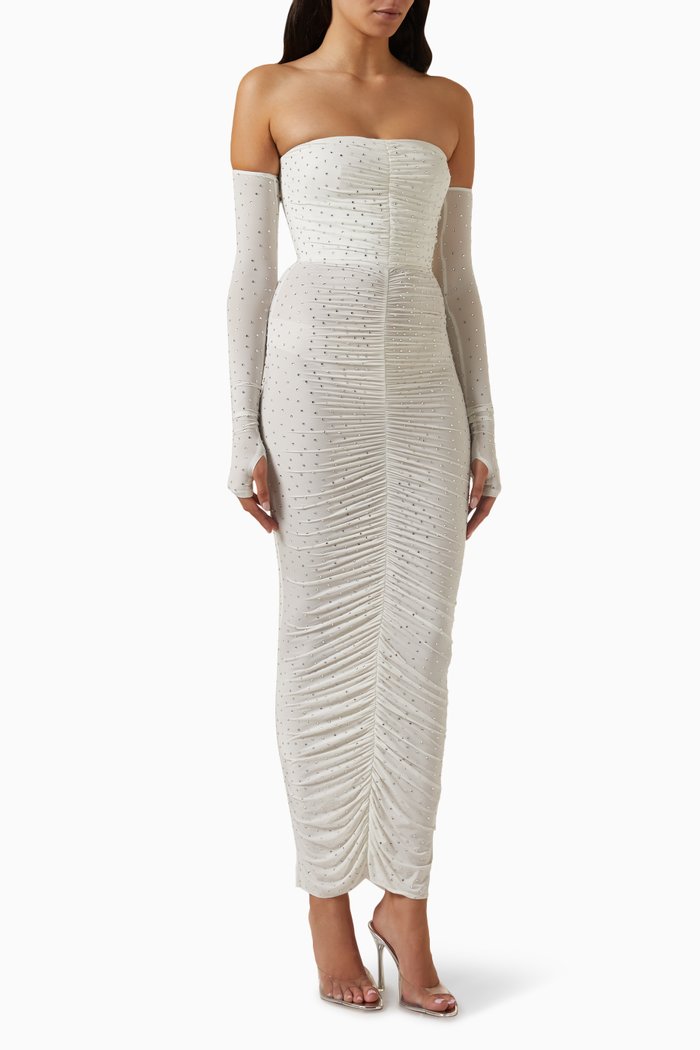 

Ruched Strapless Column Dress in Crystal Jersey, White