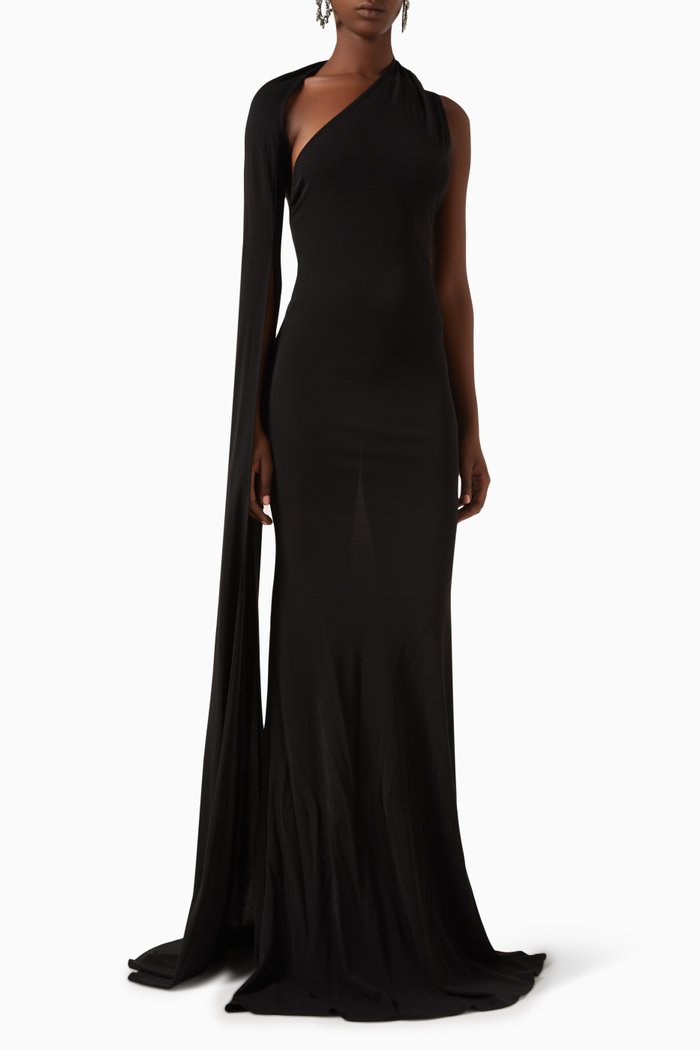 

One-shoulder Cape-sleeve Gown in Viscose Jersey, Black