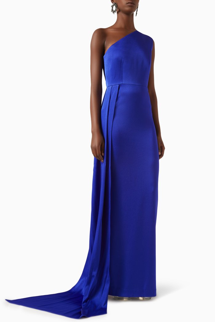 

One-shoulder Column Dress in Satin Crepe, Blue