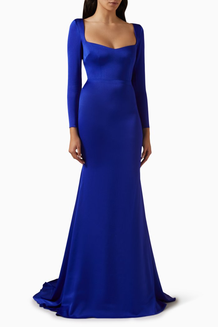 

Angled Portrait Gown in Satin Crepe, Blue