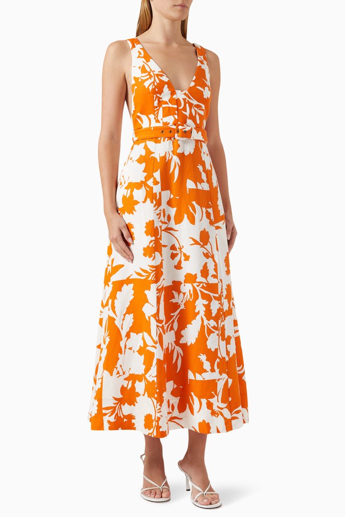Casa Panelled Midi Dress in Linen, Orange