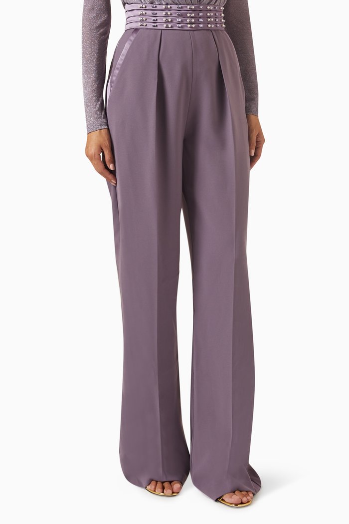 

Embroidered Palazzo Pants in Crepe, Purple