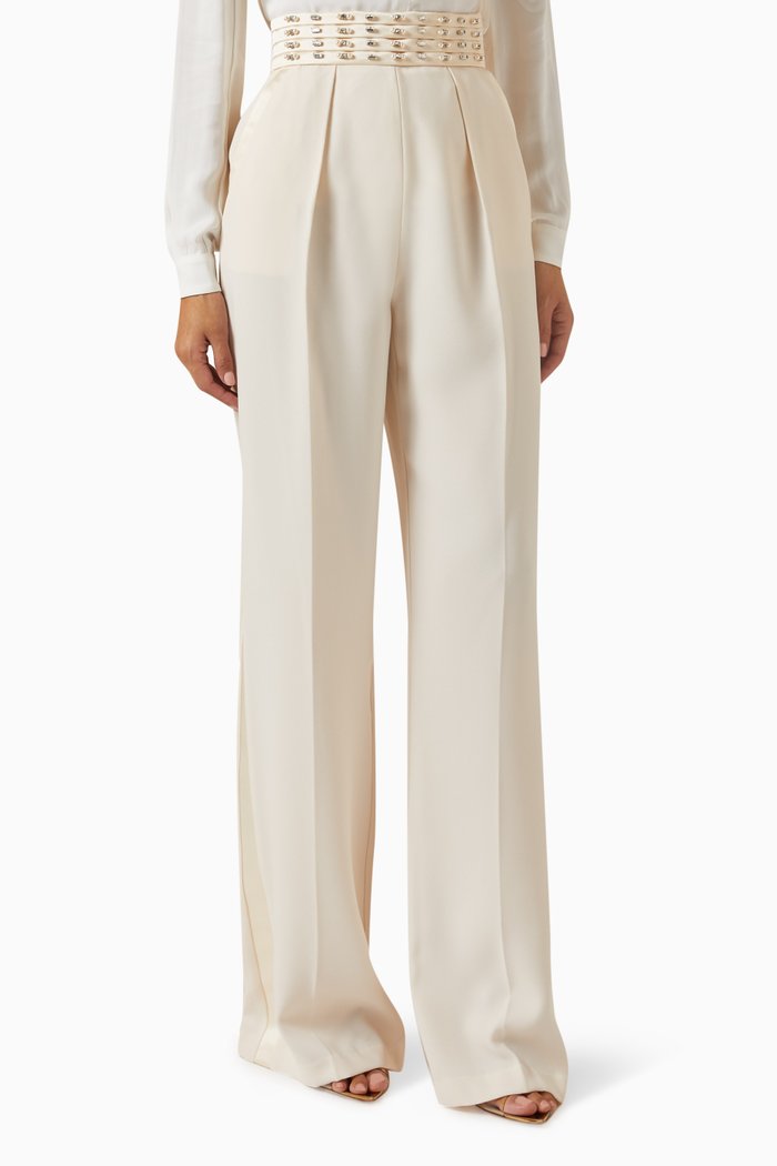 

Embroidered Palazzo Pants in Crepe, Neutral