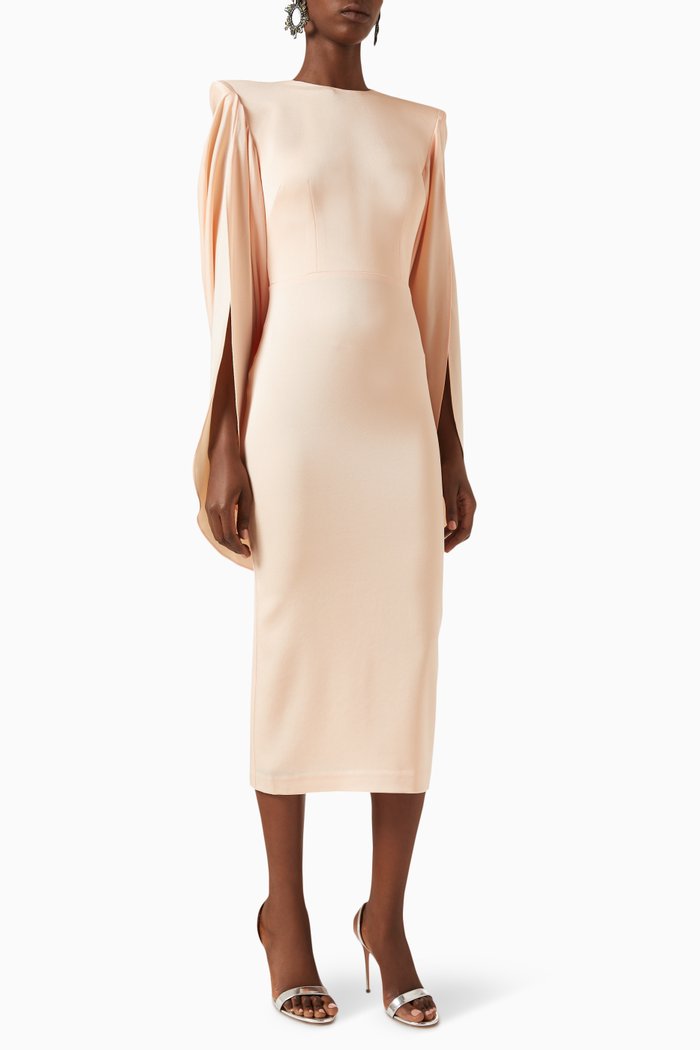 Cape Midi Dress in Satin Crepe, Pink