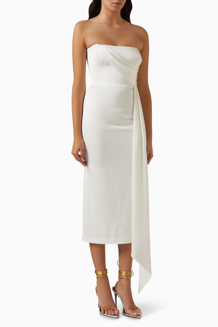 

Strapless Midi Dress in Satin Crepe, White