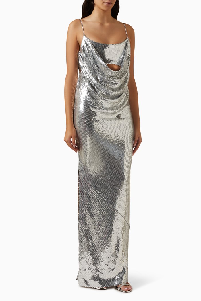 

Open-back Draped Column Dress in Sequin, Silver