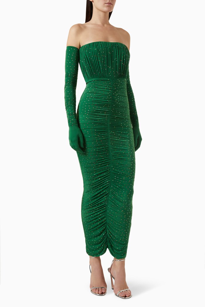 

Ruched Strapless Column Dress in Crystal Jersey, Green