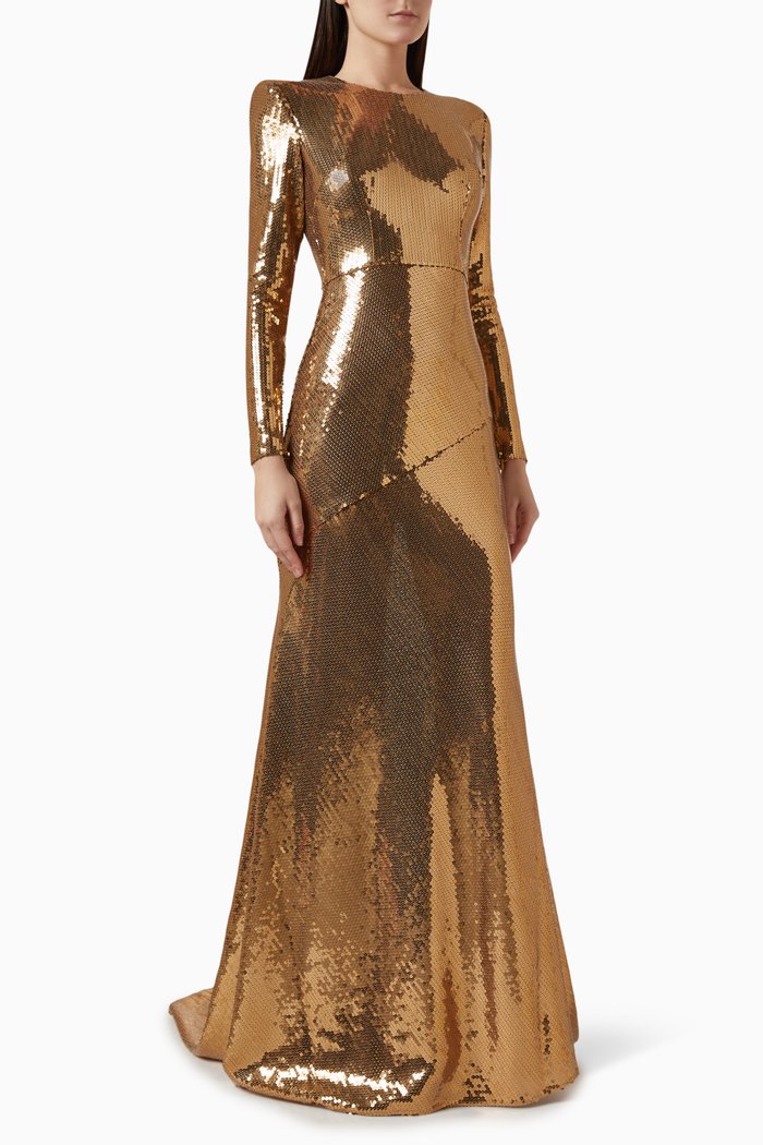 Panelled Gown in Sequin, Gold