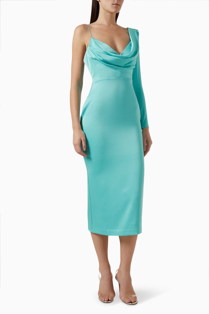 

Asymmetric One-shoulder Drape Dress in Satin-crepe, Blue