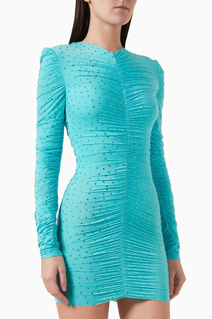 Ruched Crystal-embellished Mini Dress in Jersey, Blue