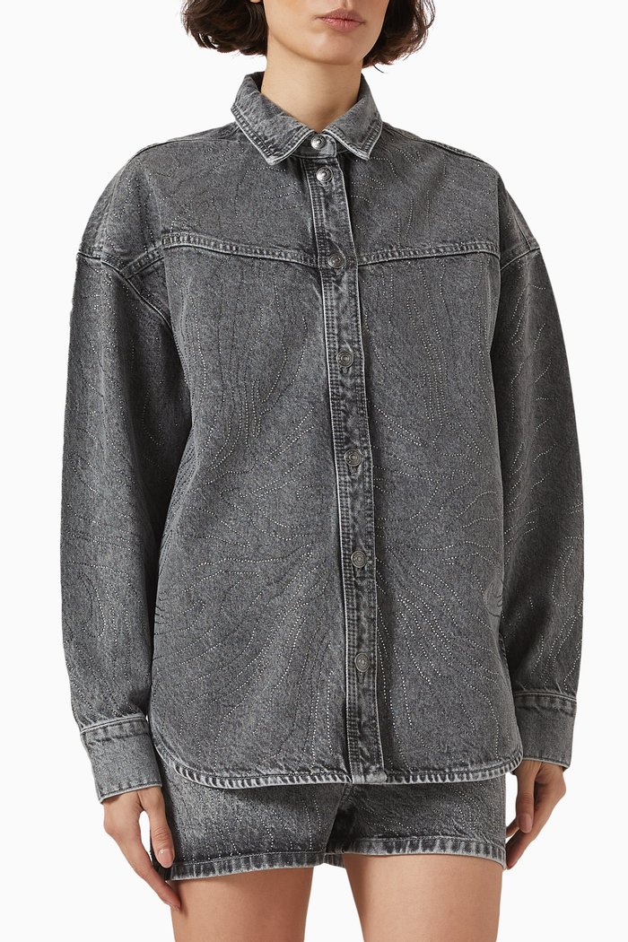 

Rhinestone-embellished Shirt in Cotton-denim, Grey