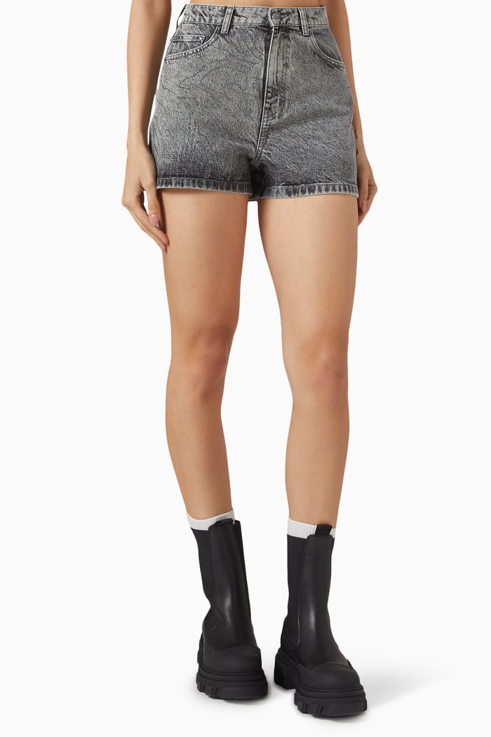 Rhinestone-embellished Shorts in Cotton-denim, Grey