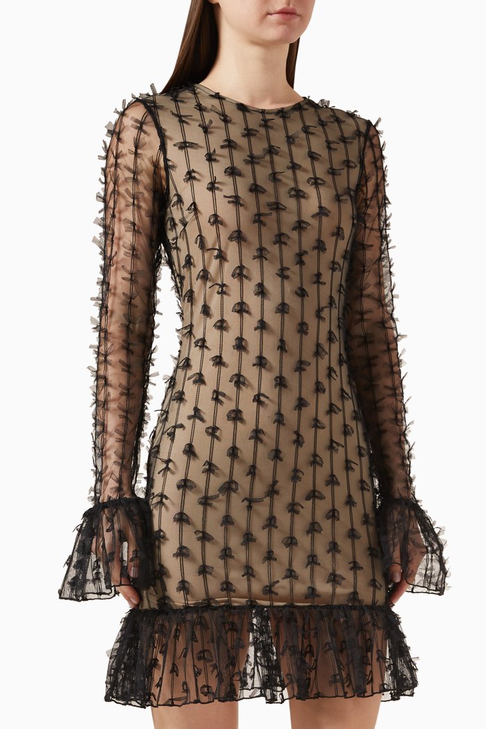 Rosy Bow Mini Dress in Mesh, Black