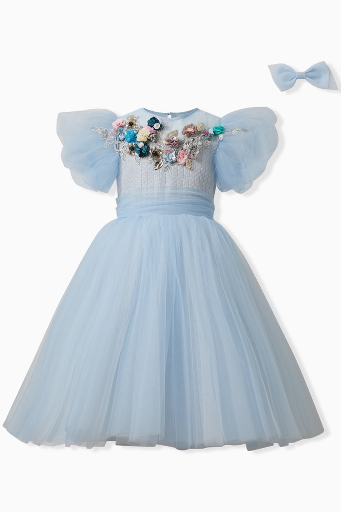

Floral Embellished Dress in Brocade & Tulle, Blue