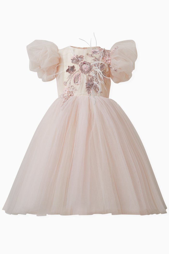 Floral Embellished Dress in French Lace & Tulle, Pink