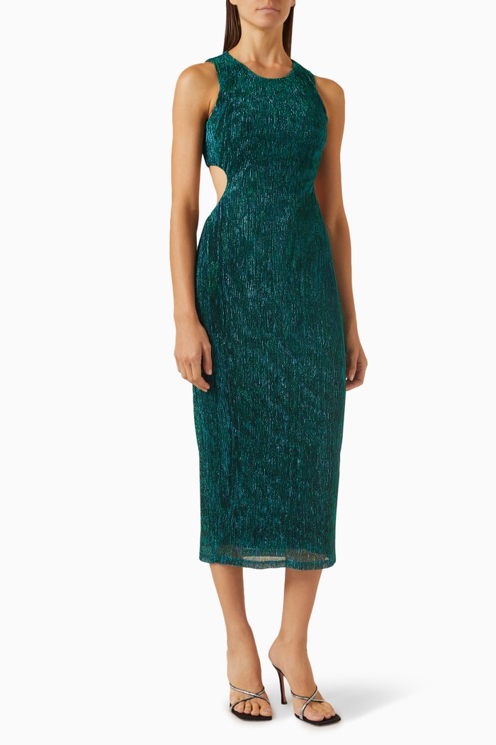 

Astrid Cut-out Midi Dress in Plissé Lurex, Green
