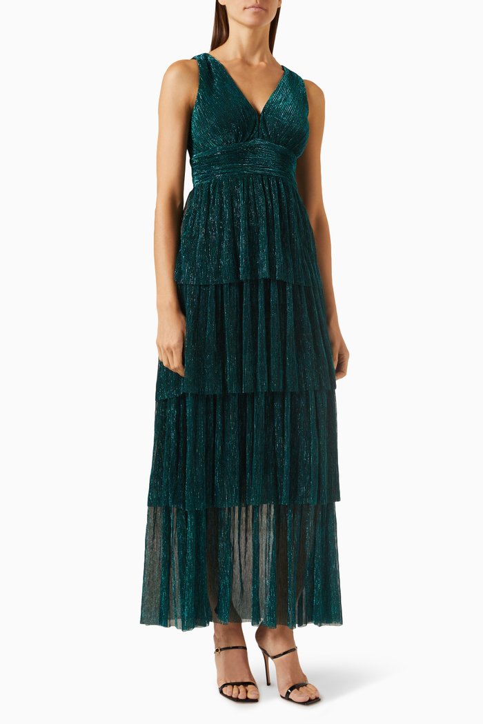 

Astrid Tiered Maxi Dress in Plissé Lurex, Green