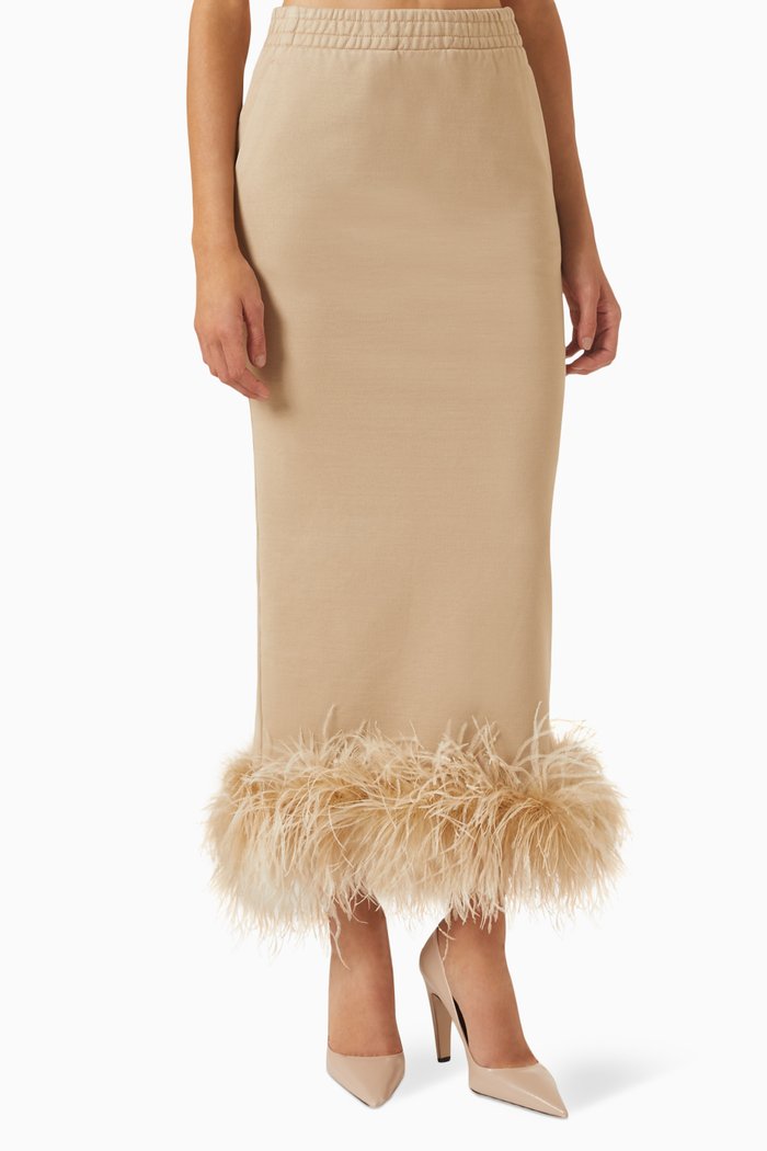 

Feather-trimmed Midi Skirt in Cotton-fleece, Neutral