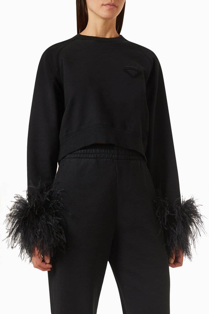 

Feather-trimmed Sweatshirt in Cotton-fleece, Black