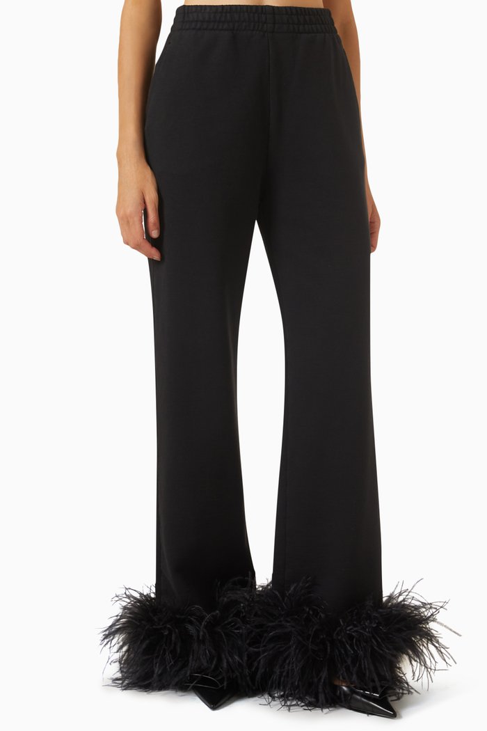 Feather-trimmed Pants in Cotton-fleece, Black