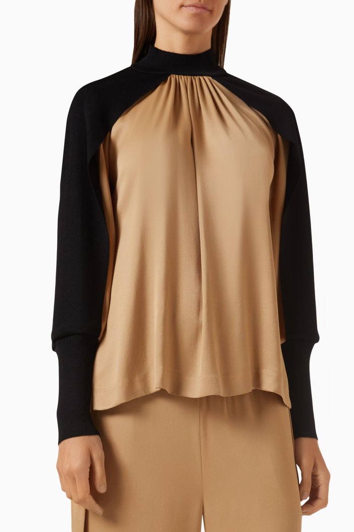 High-neck Knit-collar Top in Viscose-blend, Neutral