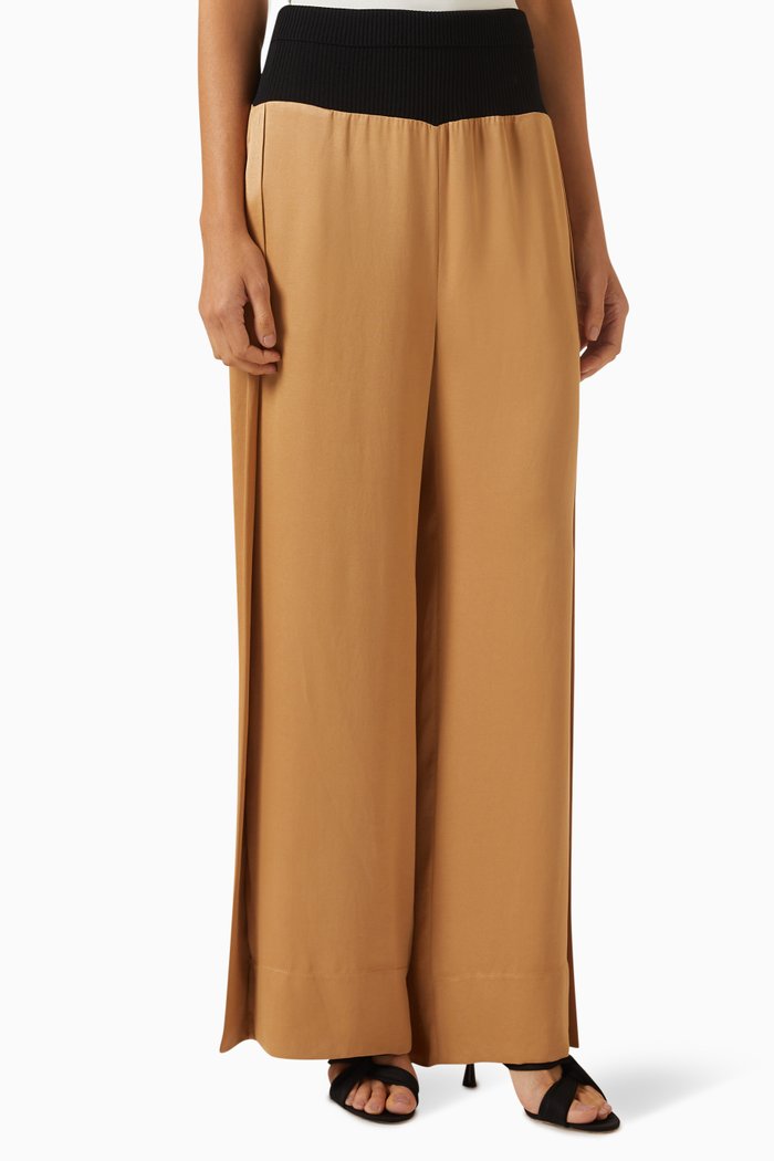 High-waist Ribbed-knit Pants in Viscose-blend, Neutral