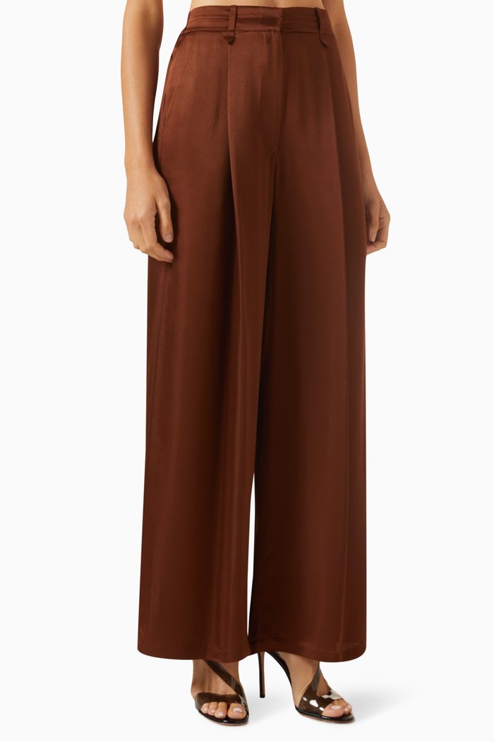 

Pleated Wide-leg Pants in Satin, Brown
