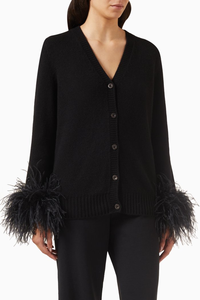 

Ostrich Feather Cuff Cardigan in Cashmere, Black