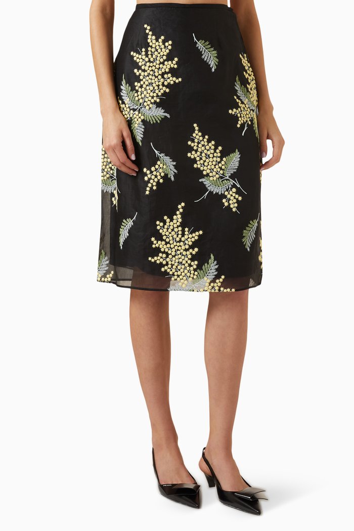 Floral-embroidered Midi Skirt in Tulle, Black