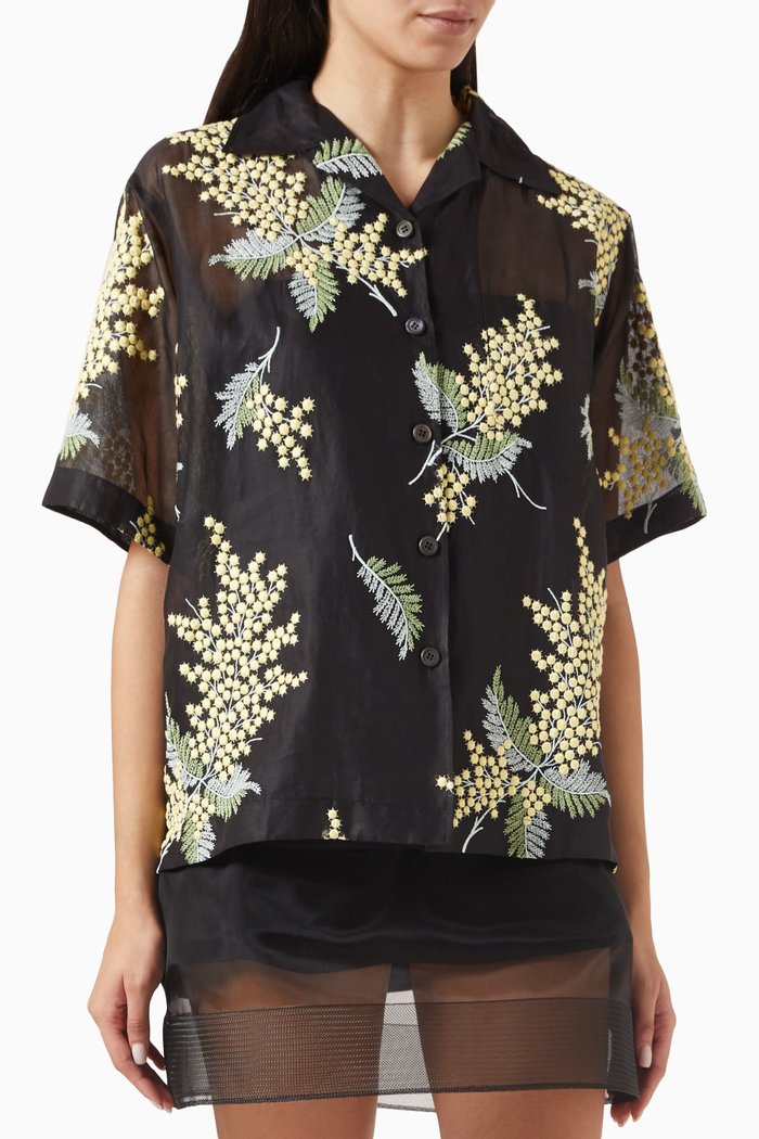 Floral Embroidered Shirt in Silk-organza, Black