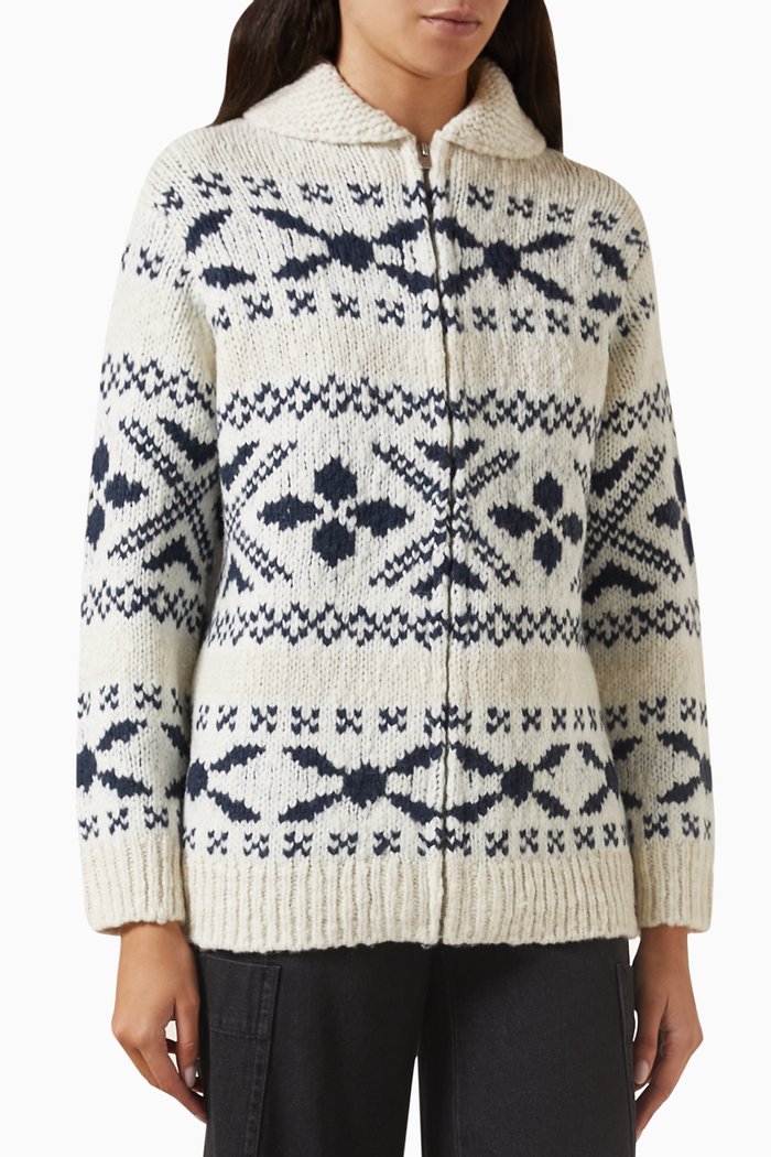 

Nordic Fair Isle Cardigan in Wool Blend, White