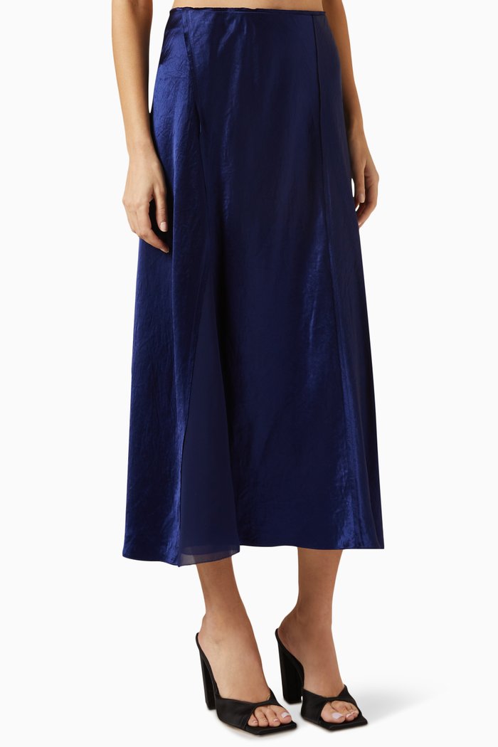 Sheer Panelled Slip Midi Skirt in Satin, Blue