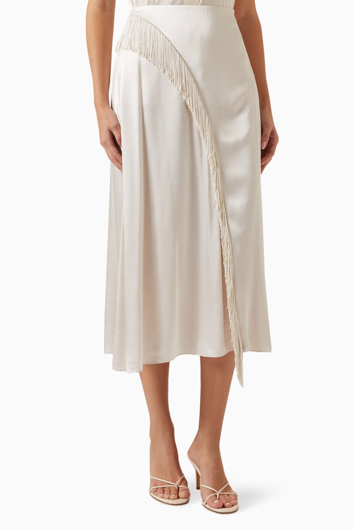 

Fringe Draped Asymmetric Skirt in Satin, Neutral