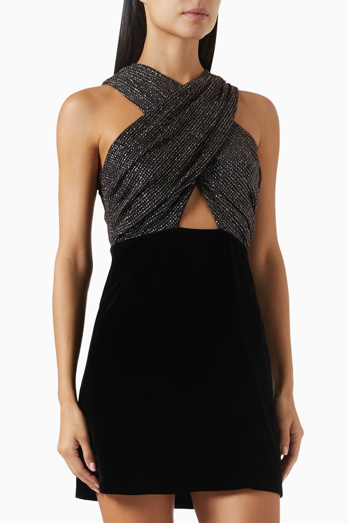 

Dual Material Halterneck Mini Dress, Black