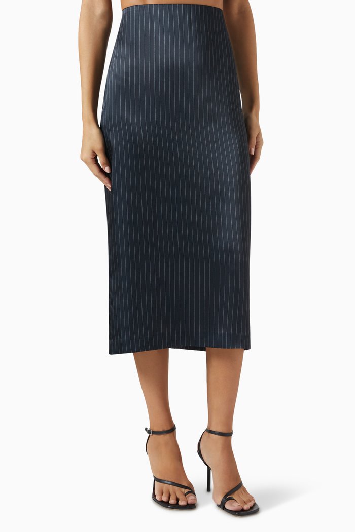 

Pinstripe Lean Midi Skirt in Satin, Black