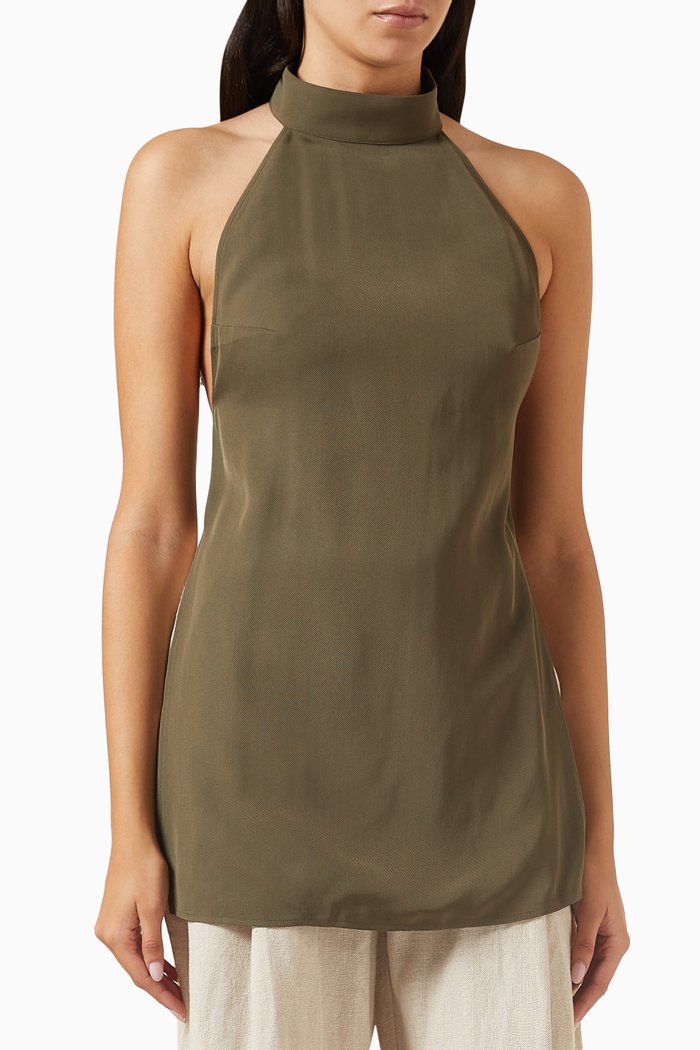 

High-neck Tunic Top in Wool Blend, Green