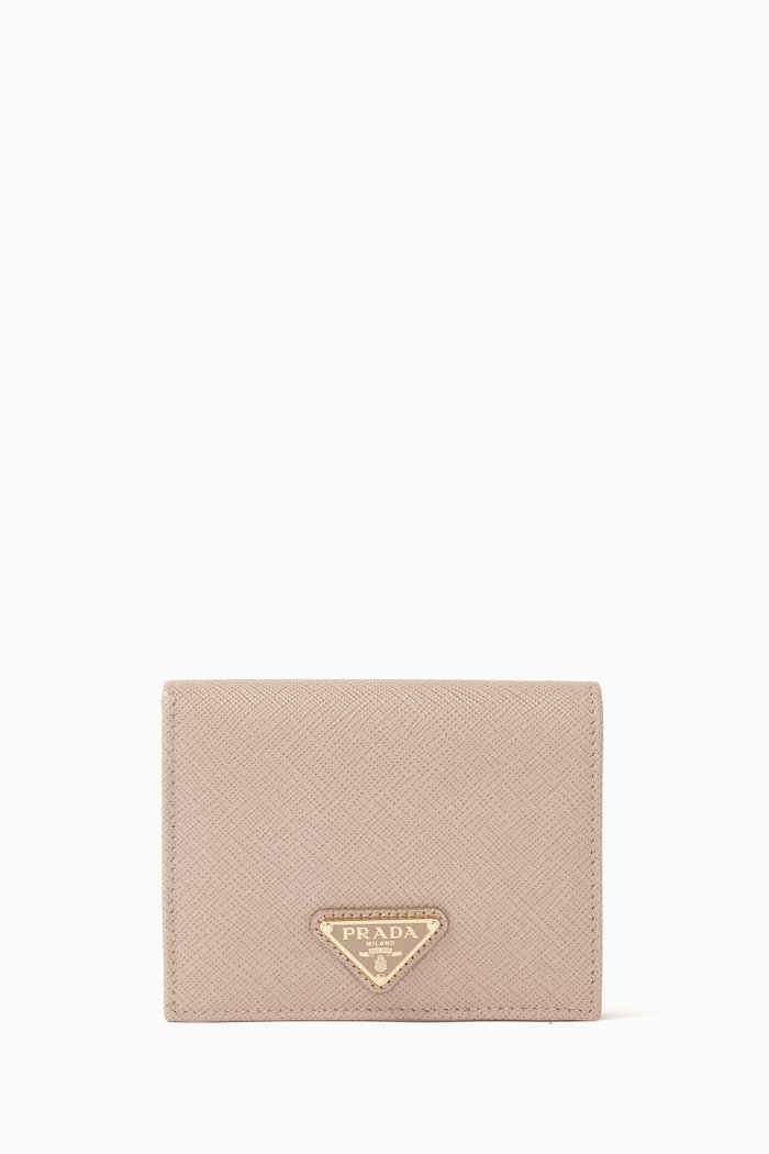 

Small Triangle Logo Wallet in Saffiano Leather, Neutral