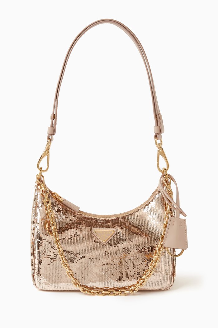 

Small Re-nylon Shoulder Bag in Sequins, Neutral